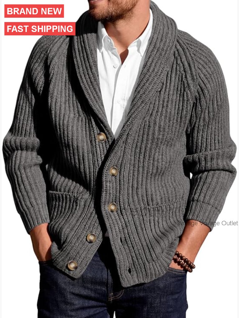 Men's Cable Knit Shawl Collar Cardigan Sweater With Pockets